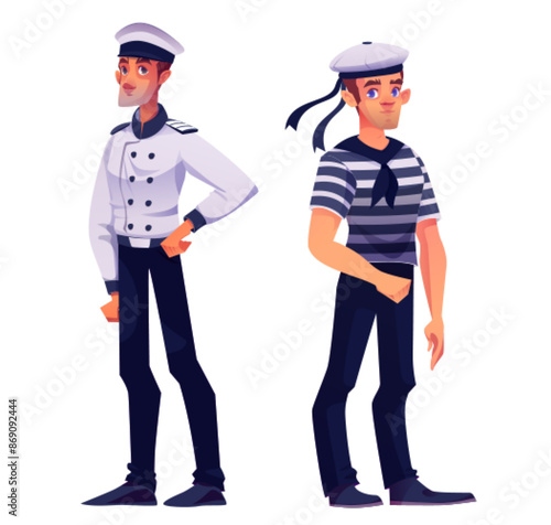Ship captain and sailor man in white and blue stripped uniform and hat. Cartoon vector illustration set of young male cruise team characters. Nautical boat commander and seafarer people mascot.