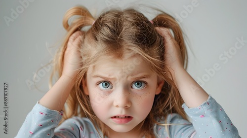 Nervous Child on Pastel Gray Background Expressing Emotion and Concern