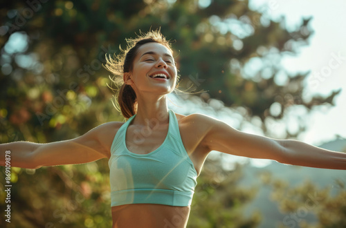 A young woman in sportswear with her arms outstretched, smiling and feeling free of pain or unease against the backdrop of nature