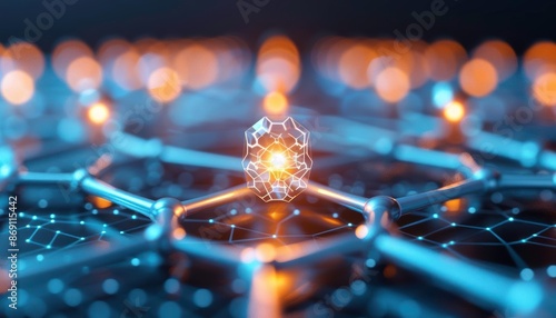 Futuristic nanotechnology concept with a glowing molecular structure on a network grid, representing advanced science and innovation.