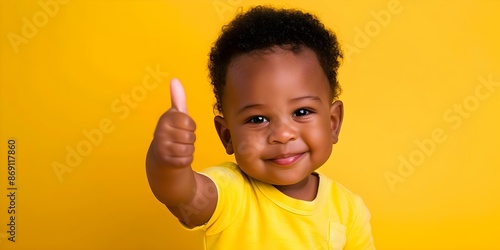 Portrait of adorable African American baby boy giving thumbs up on yellow. Concept Outdoor Photoshoot, Joyful Portraits, African American Infant, Thumbs Up Pose, Yellow Background