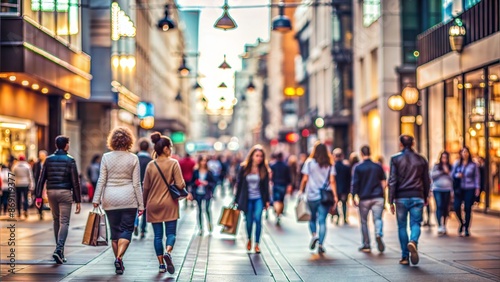 City Shopping Street Blur: A blurred background of a shopping street in the city with people walking, perfect for retail and urban lifestyle themes. 