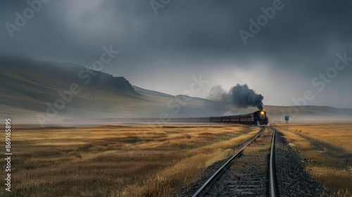 A steam train chugs through a misty, desolate landscape. The train's smoke and the surrounding fog create a sense of mystery and adventure.