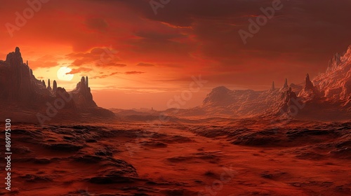 A barren desert landscape with a large sun setting in the background.