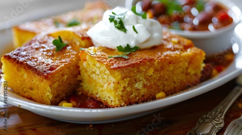 A serving of cornbread, cut into squares, with a side of chili and a dollop of sour cream