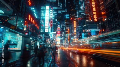 Vibrant Cityscape at Night with Illuminated Skyscrapers Neon Signs and Bustling Traffic