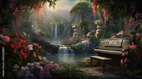 A beautiful landscape with a waterfall, flowers, and a piano. The waterfall is in the background, and the piano is in the foreground.
