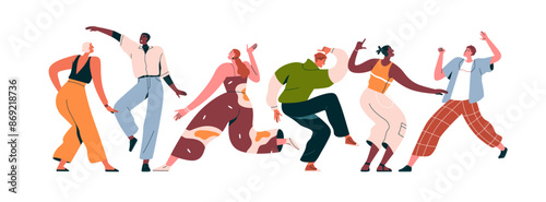 Dancing people group. Happy men, women at fun party. Joyful celebration. Characters at disco, celebrating. Excited friends rave, moving to music. Flat vector illustration isolated on white background
