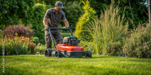 Gardener mowing grass with lawn mower in garden