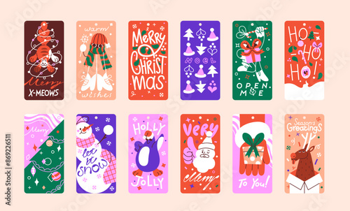 Different funny tags for Christmas gifts set. Various cute cards for New Year presents. Design of Xmas hanging badges. Winter holidays greeting labels with Santa Claus. Flat vector illustrations