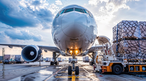 Cargo plane being loaded with boxes on tarmac