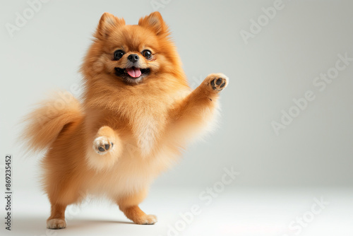 an adorable orange Pomeranian standing on its hind legs, tongue out, right paw raised towards the right, against a pure white background