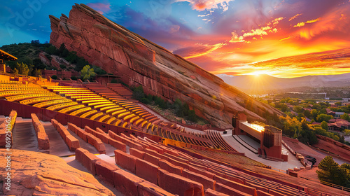 outdoor concert venue set among dramatic red rock formations against sunset sky view.