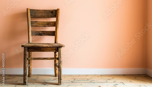 A rustic hickory wood dining chair with a distressed finish, positioned in front of a light peach luxury house wall.