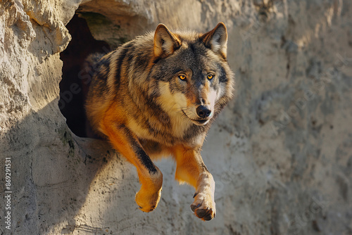 A fierce wolf leaping out from a hole in the wall, showcasing the wild and untamed nature of this predator. The image symbolizes ambition and the primal instincts of the wolf