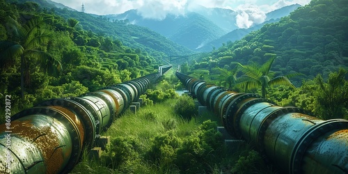 Industrial Pipelines in Lush Green Valley Overlooked by Mountains and Cloudy Sky