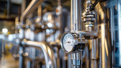 A close-up view of a silver temperature sensor mounted on a pipe in a modern industrial facility. The sensor is surrounded by other pipes and equipment, creating a sense of complexity and precision