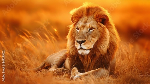 A majestic lion lies in a golden savanna at sunset.