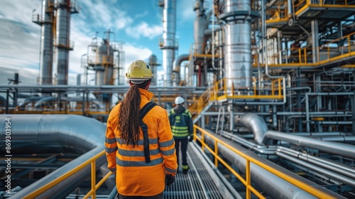 A workers at a gas plant. team of professionals wearing safety gear, actively engaged in monitoring and maintaining equipment. gas pipelines and industrial machinery. Generative AI.