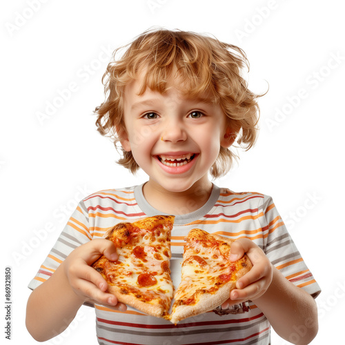 Child with large slice of pizza. Cutout, white background, graphic material. Overjoyed child eats Italian pizza. Advertising image, food, home food delivery, hunger, family, happiness.