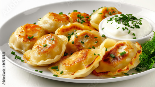 Close-up of a tasty looking traditional Eastern European pierogi with sour cream on a plate with restaurant serve