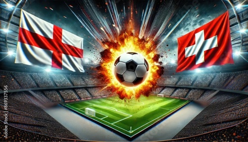 England vs Switzerland football match, English flag, Swiss flag, stadium and soccer ball, Euro 2024, UEFA European Football Championship 2024, 1/4 finals