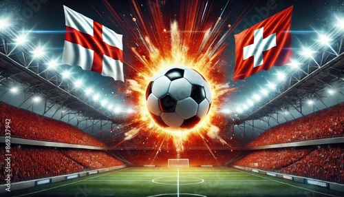 England vs Switzerland football match, English flag, Swiss flag, stadium and soccer ball, Euro 2024, UEFA European Football Championship 2024, 1/4 finals