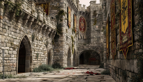 Medieval Castle Courtyard: A historical castle courtyard setting with stone walls, drawbridges, and medieval tapestries