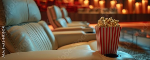 Luxury cinema seats with popcorn in a cozy, ambient setting. Perfect for a comfortable and enjoyable movie experience.