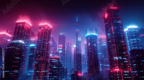 A smart cityscape at night, illuminated by neon lights and holographic advertisements with copy space