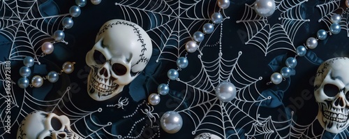 Elegant Halloween pattern with lacey spider webs, pearls, and gothic skulls on a dark background