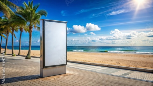 Blank Billboard Advertising Space On A Tropical Beach - A blank billboard stands on a wooden boardwalk, overlooking a beautiful tropical beach with clear blue water, white sand, palm trees, and a brig