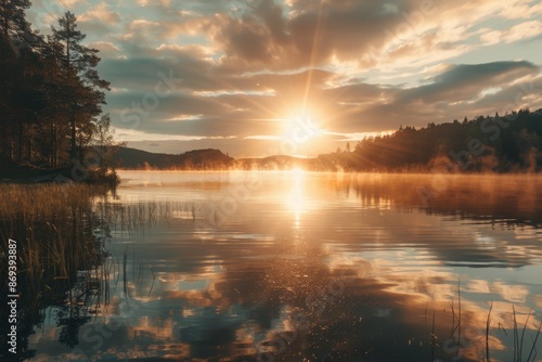 Experience the tranquility of a lakeside view in Sweden, where the soft glow of the midnight sun creates a mesmerizing reflection on the calm waters.