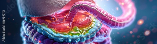 Close-up of the stomach with detailed structure, showcasing digestion process, stomach anatomy, medical illustration