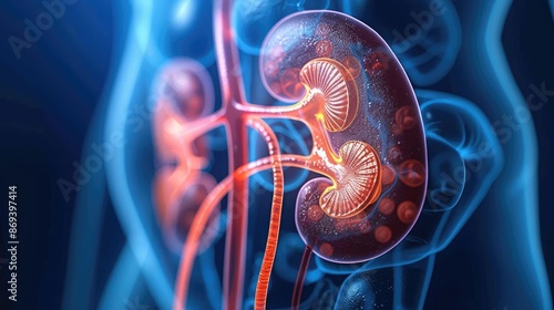 Detailed illustration of human kidneys, focusing on filtration and nephrons, realistic medical image, kidney anatomy