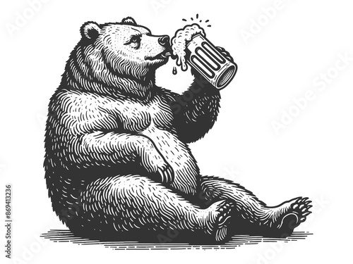 bear drinking beer from mug, humorous and whimsical elements with artistic detail sketch engraving generative ai fictional character raster illustration. Scratch board imitation. Black and white image