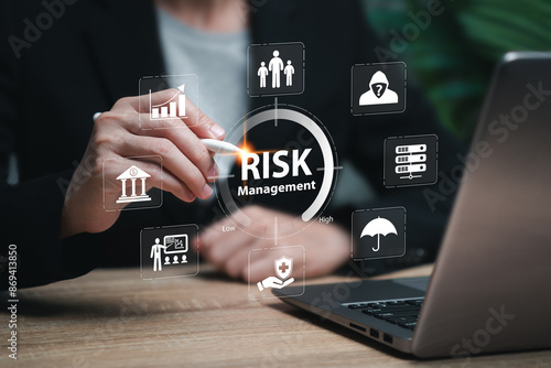 Risk assessment and management concept, Businesswomen reducing business risks, Financial, Investment of company, Evaluation measure analytics technology, Low levels, Health, Human resource, Insurance