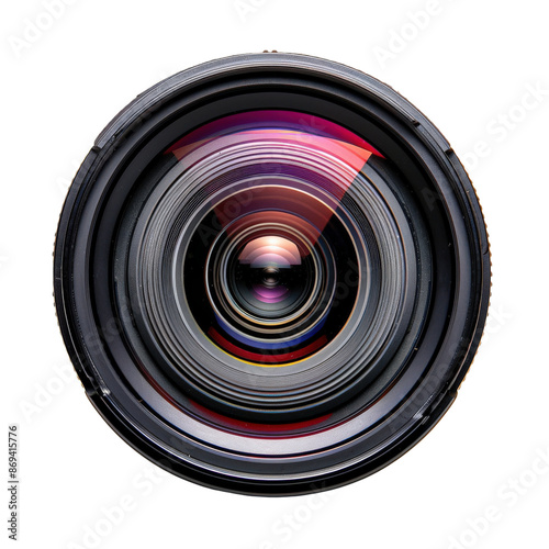 Close-up of a professional camera lens with reflections, showing intricate details and colorful highlights in the glass elements.