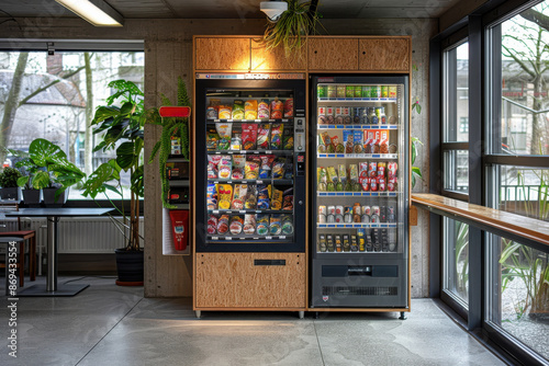 A vending machine with a green plant in front of it