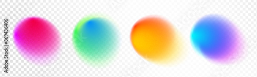 Set color circle gradient noise gradation. Abstract colorful watercolor blur mesh on isolated transparent background. Circle shape png. Gradient aura, grain neon blob noise effect vector illustration.