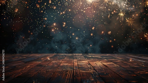 abstract fireworks background with a wooden floor, smoke and a blurred dark sky.