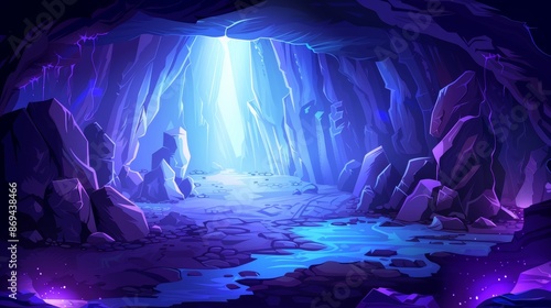 A cartoon cave interior illuminated with sunlight from the ceiling. Illustration of a rocky area inside a mountain for an adventure game background. Fantasy dark scene with stones and cobwebs.