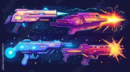 The modern cartoon set has space guns with vfx effects, explosions, laser blasters with plasmic beams, raygun pistols, kid toys, or futuristic alien weapon. Game comic energy phasers with colorful