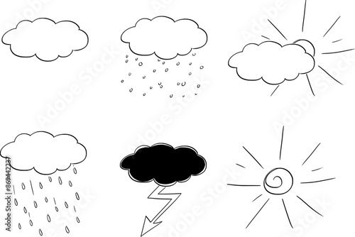 Set of weather icons, cloud, Sun, storm and rain, vector cartoon illustration.