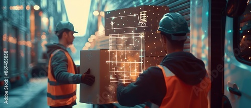 A closeup of two workers loading a delivery truck with cardboard boxes outside a logistics distribution warehouse, with a hitech HUD concept and a blurry background