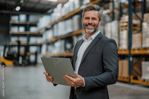 A smiling businessman in a suit manages warehouse logistics with a laptop indoors.