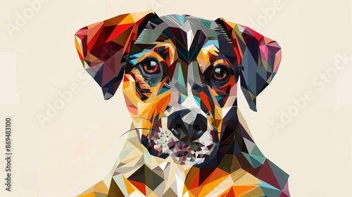 A dog with a silly face, white background, cubist style, geometric shapes