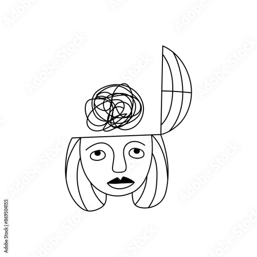 Girl, sad girl, confusion, head with thoughts, black and white vector illustration.