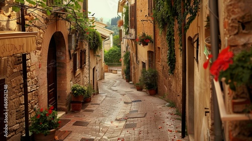 Charming, narrow street in Spello, an ancient town in Italy.