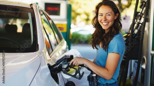 beautiful woman smiling while filling up her car with gas at the station